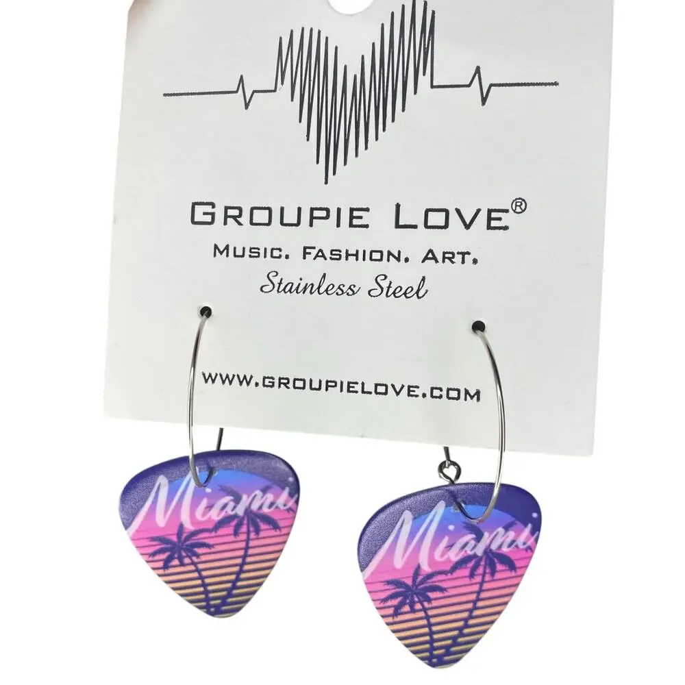 NWT Miami Striped Palm Tree Single Guitar Pick 25mm Hoop Festival Earrings